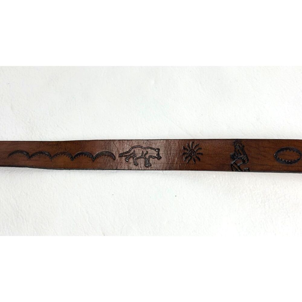 Peru Belt Brown Leather Embossed Celestial Animal Motifs Silver Buckle 58" - Picture 6 of 15